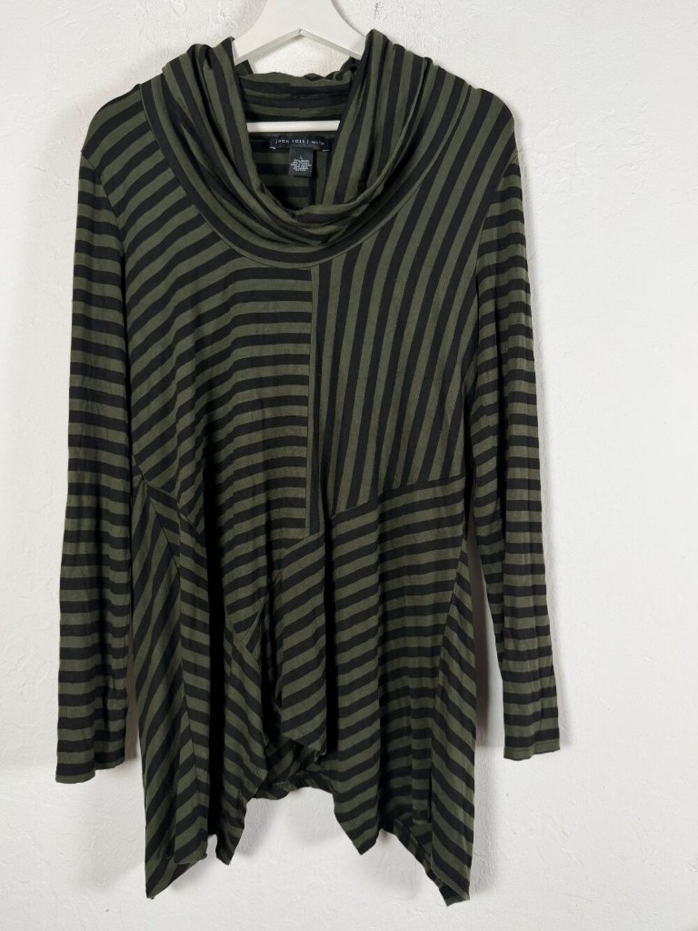 Joan Vass New York Womens Striped Cowl Neck Asymmetric Hem Tunic Top Large Olive